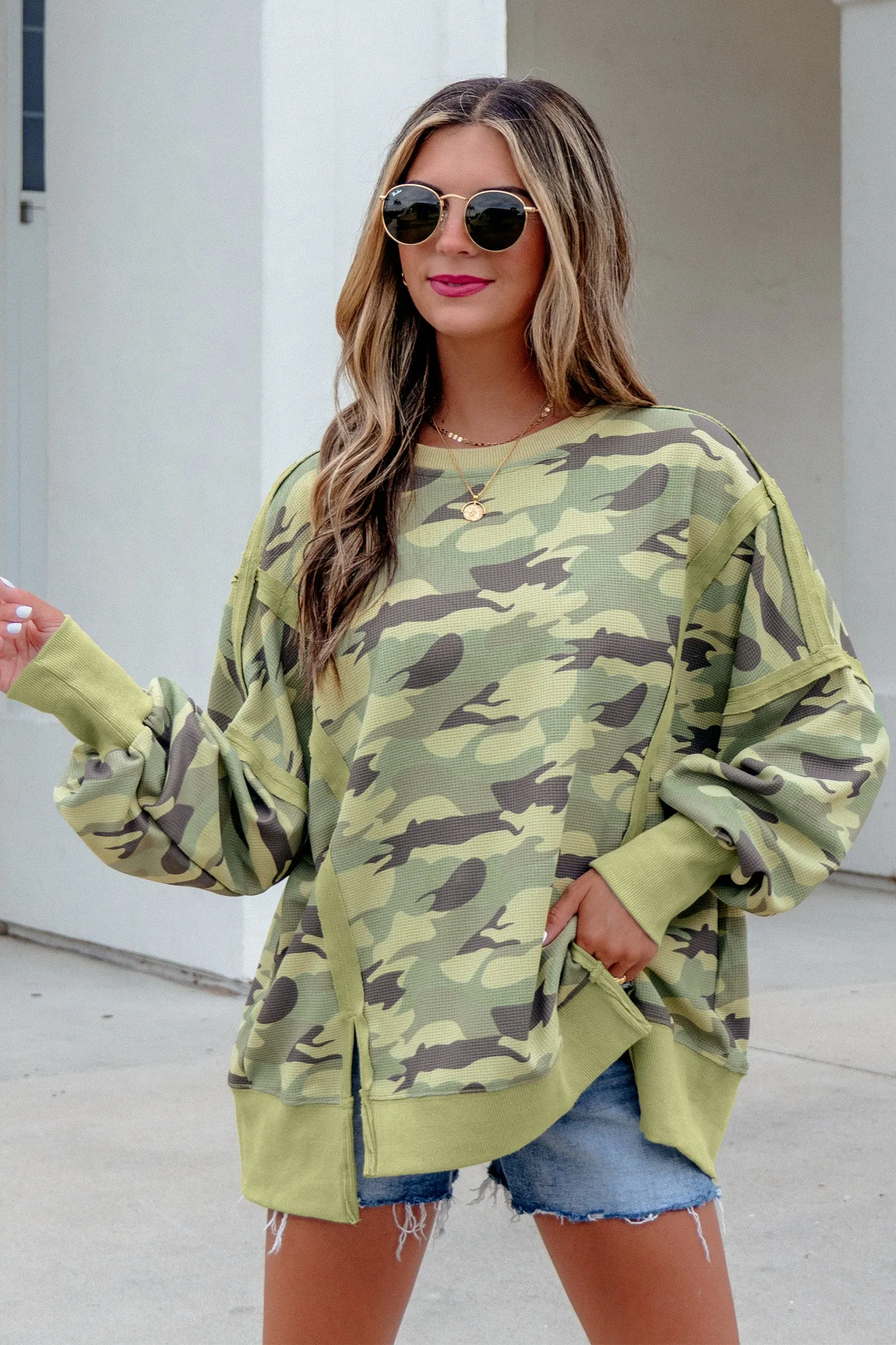 Camouflage Waffle Knit Raw Edge Contrast Trim Oversized Long Sleeve Top – Green sold by eAura product image thumbnail 4