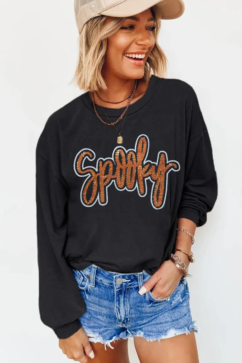 Spooky Rhinestone Drop Shoulder Graphic Sweatshirt – Black sold by eAura product image thumbnail 4