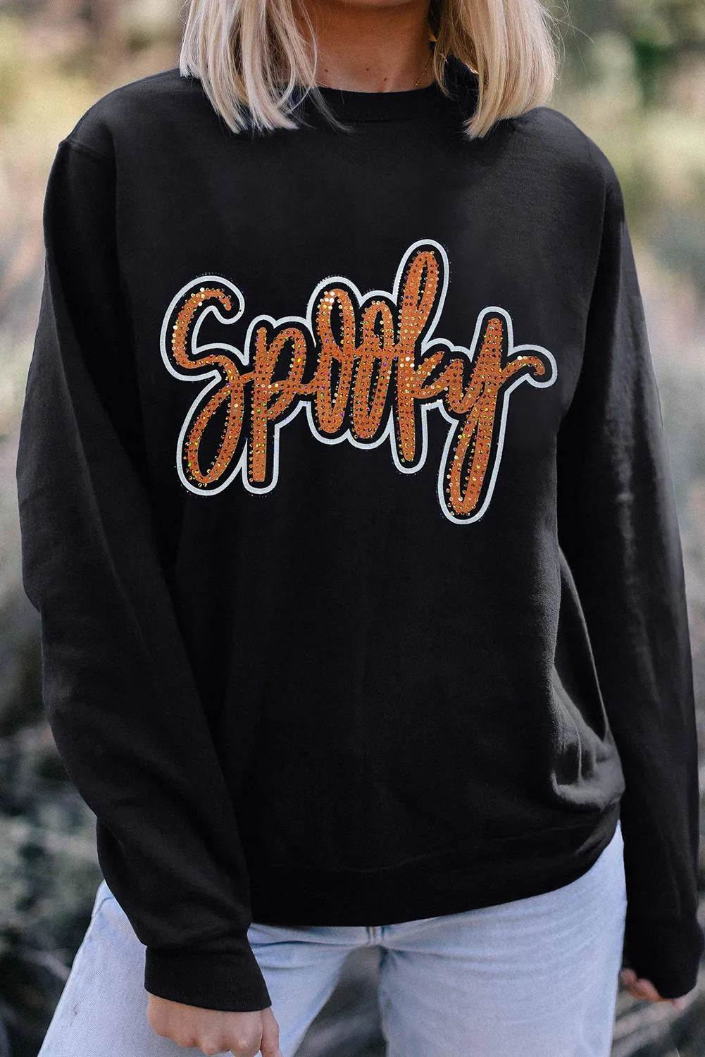 Spooky Rhinestone Drop Shoulder Graphic Sweatshirt – Black sold by eAura product image thumbnail 2