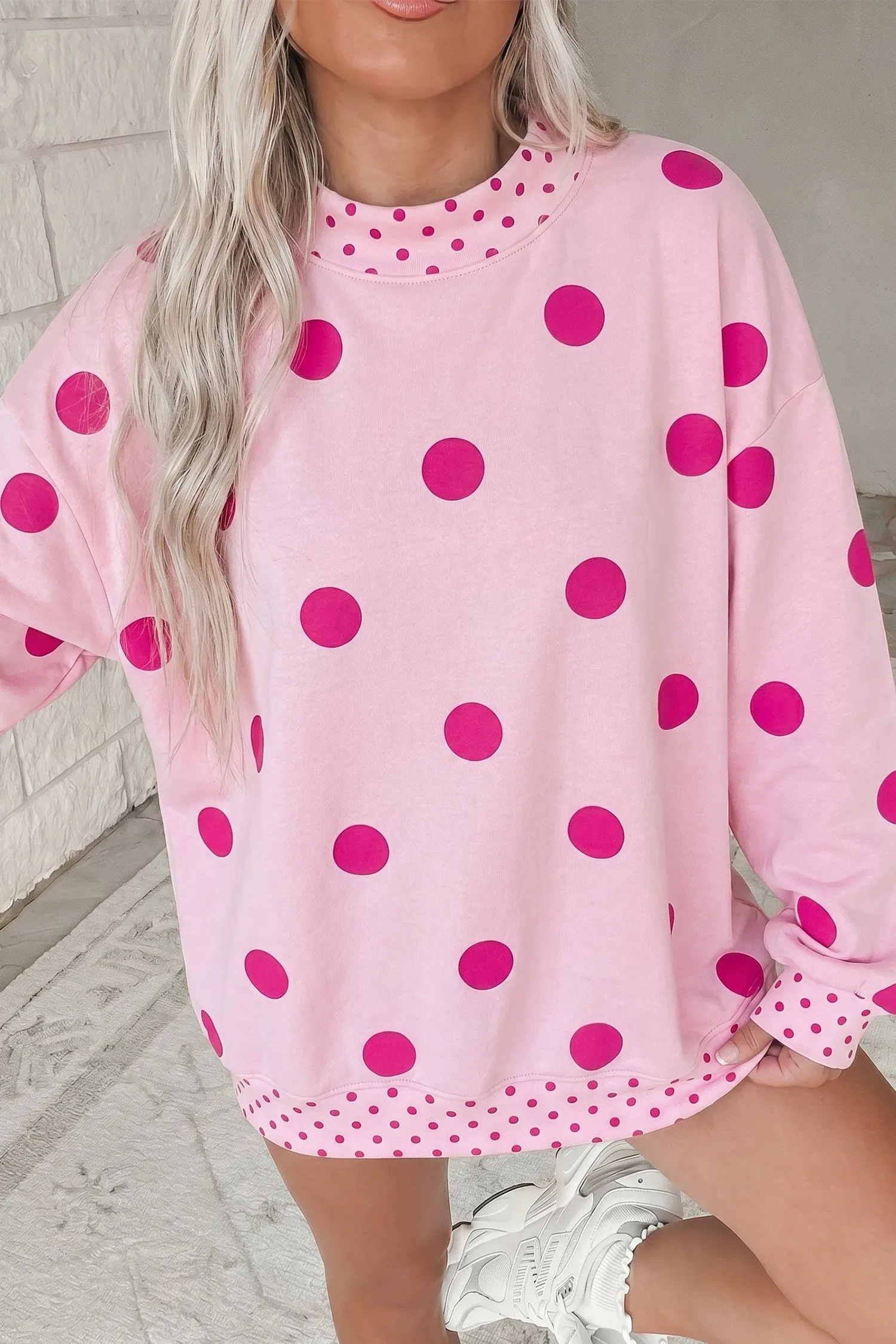 Polka Dot Print Contrast Detail Oversized Tunic Sweatshirt – Pink sold by eAura
