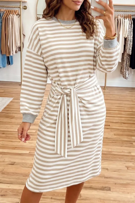 Striped Colourblock Cuffs Round Neck Long Sleeve Shift Dress – Khaki Stripe made by eAura