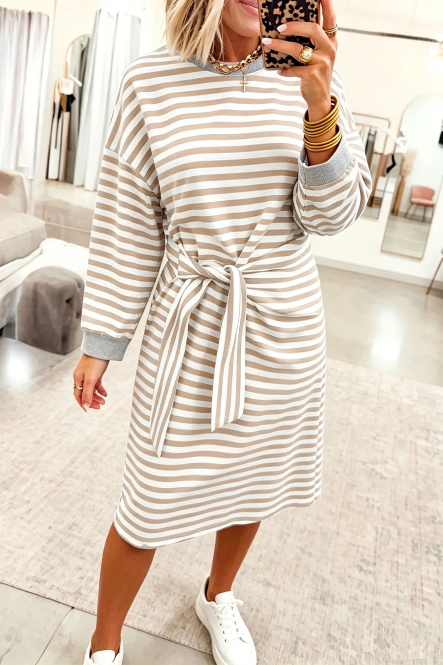 Striped Colourblock Cuffs Round Neck Long Sleeve Shift Dress – Khaki Stripe sold by eAura product image thumbnail 3