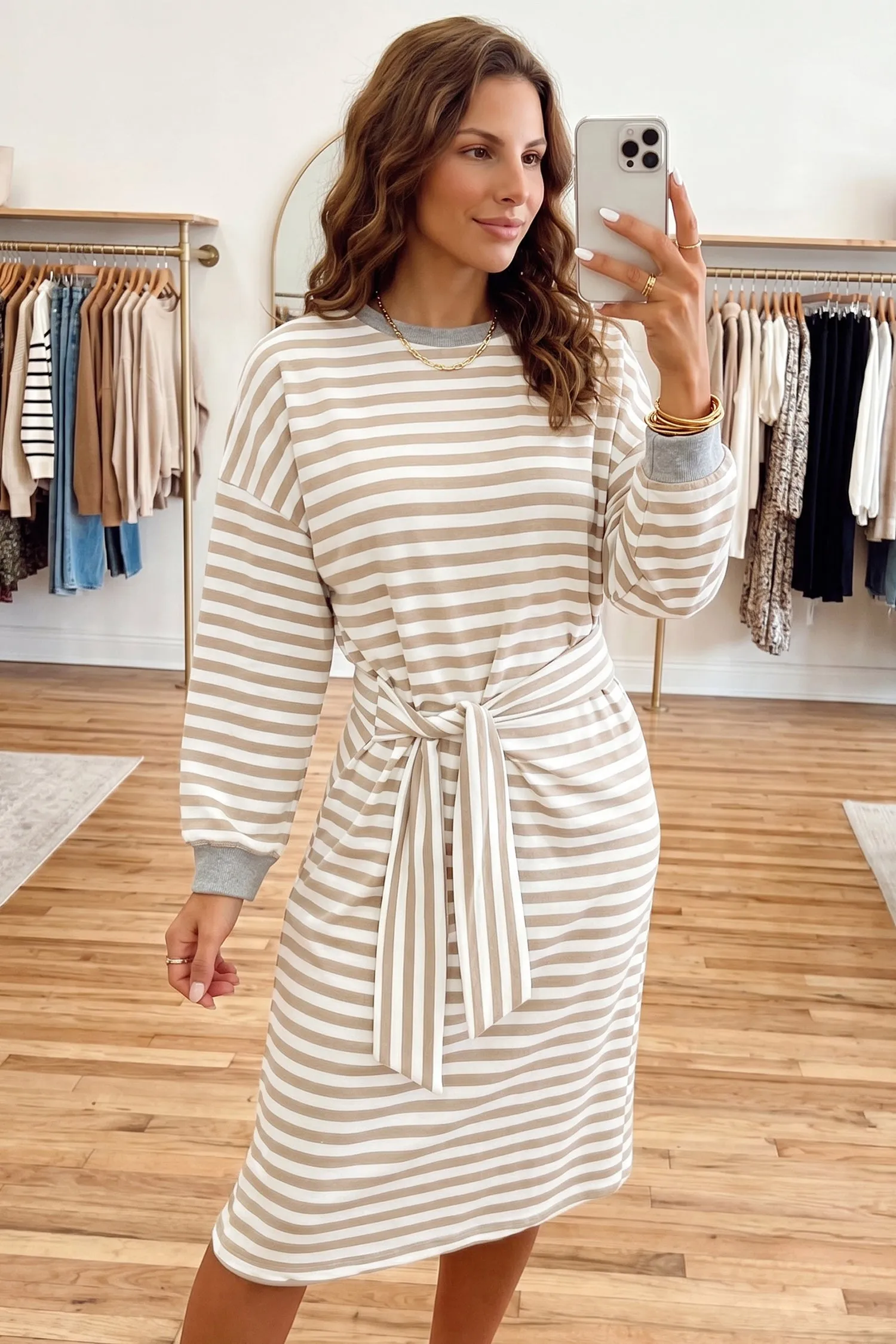 Striped Colourblock Cuffs Round Neck Long Sleeve Shift Dress – Khaki Stripe sold by eAura product image thumbnail 2