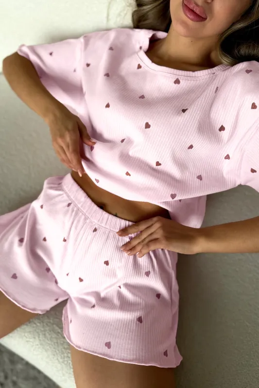 Valentine Heart Shape Print Ribbed Knit Short Lounge Set – Light Pink made by eAura