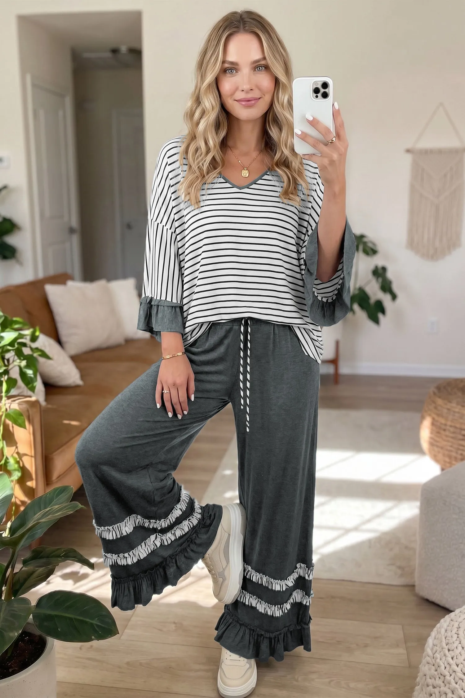 V Neck Ruffle Contrast Sleeve Top Drawstring Pants 2pcs Set – Grey Stripe sold by eAura product image thumbnail 3