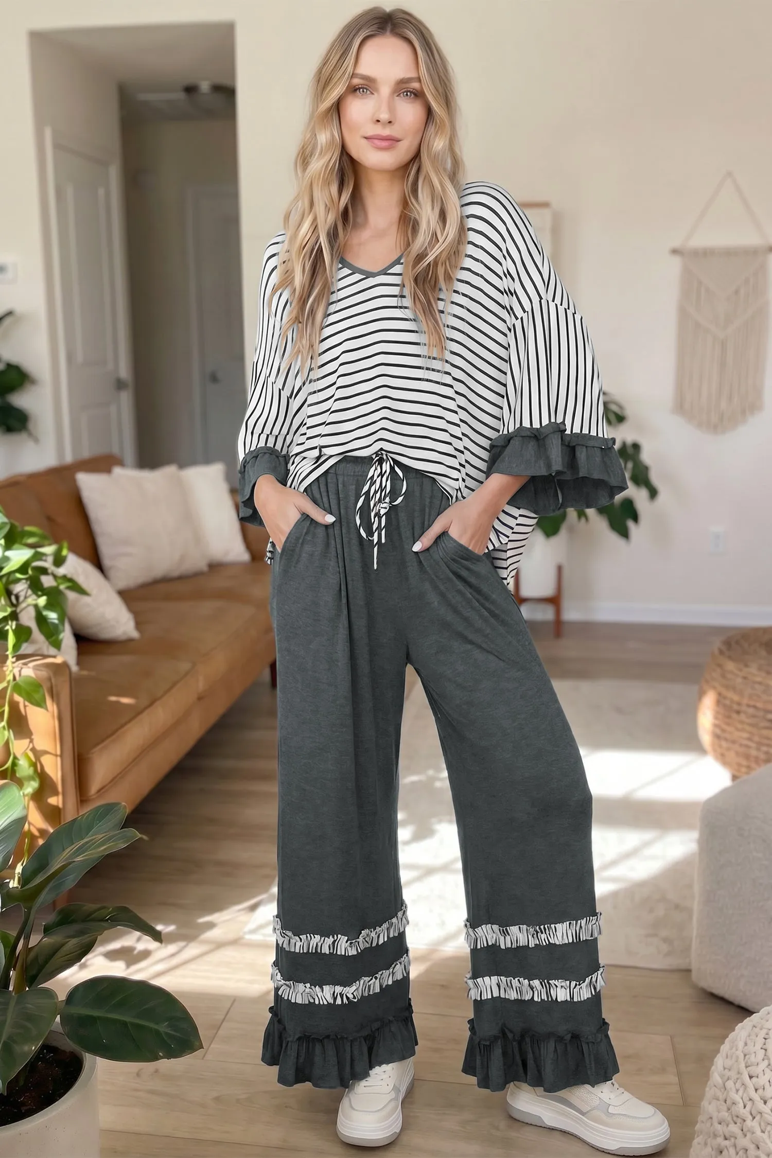 V Neck Ruffle Contrast Sleeve Top Drawstring Pants 2pcs Set – Grey Stripe sold by eAura product image thumbnail 2