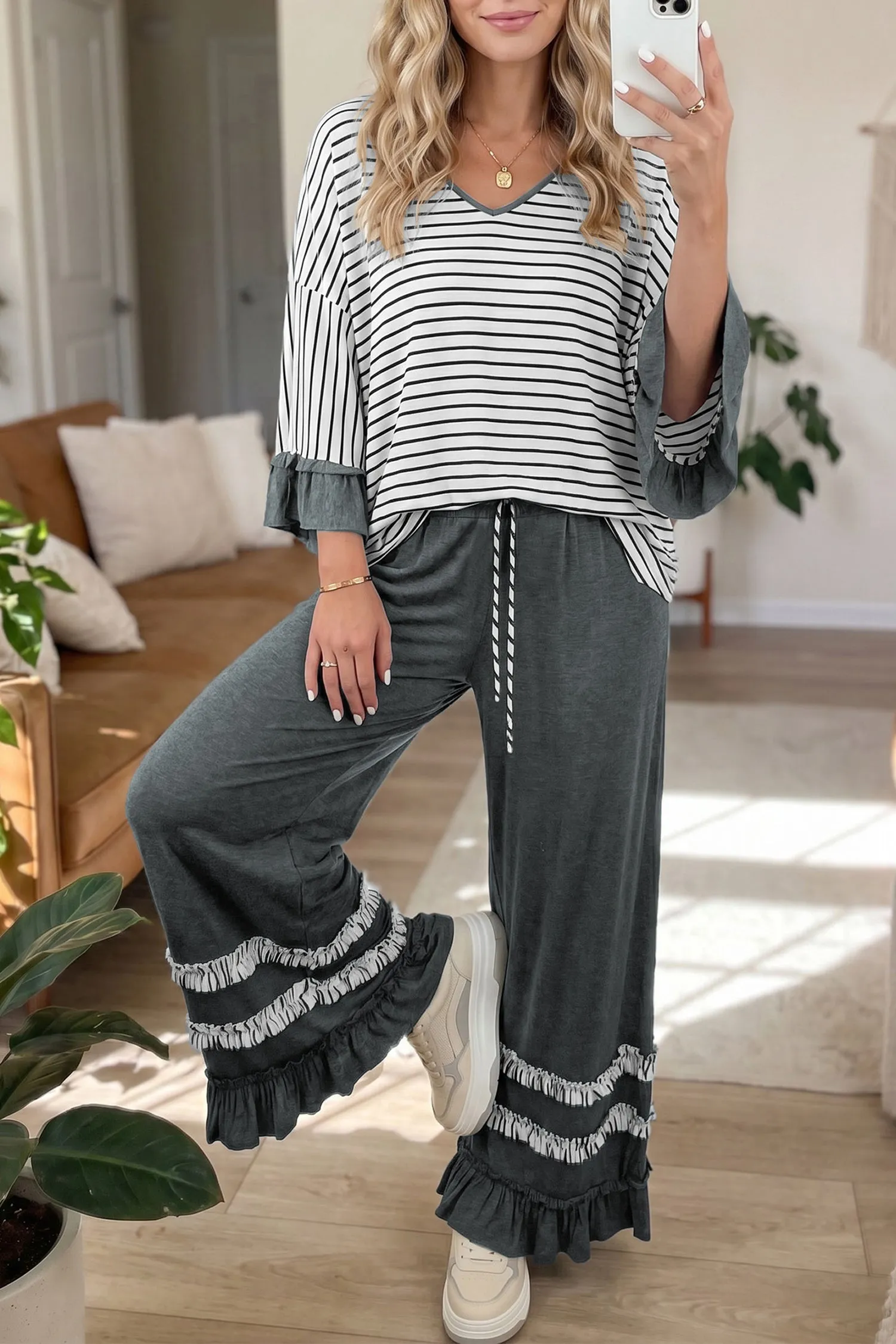 V Neck Ruffle Contrast Sleeve Top Drawstring Pants 2pcs Set – Grey Stripe sold by eAura