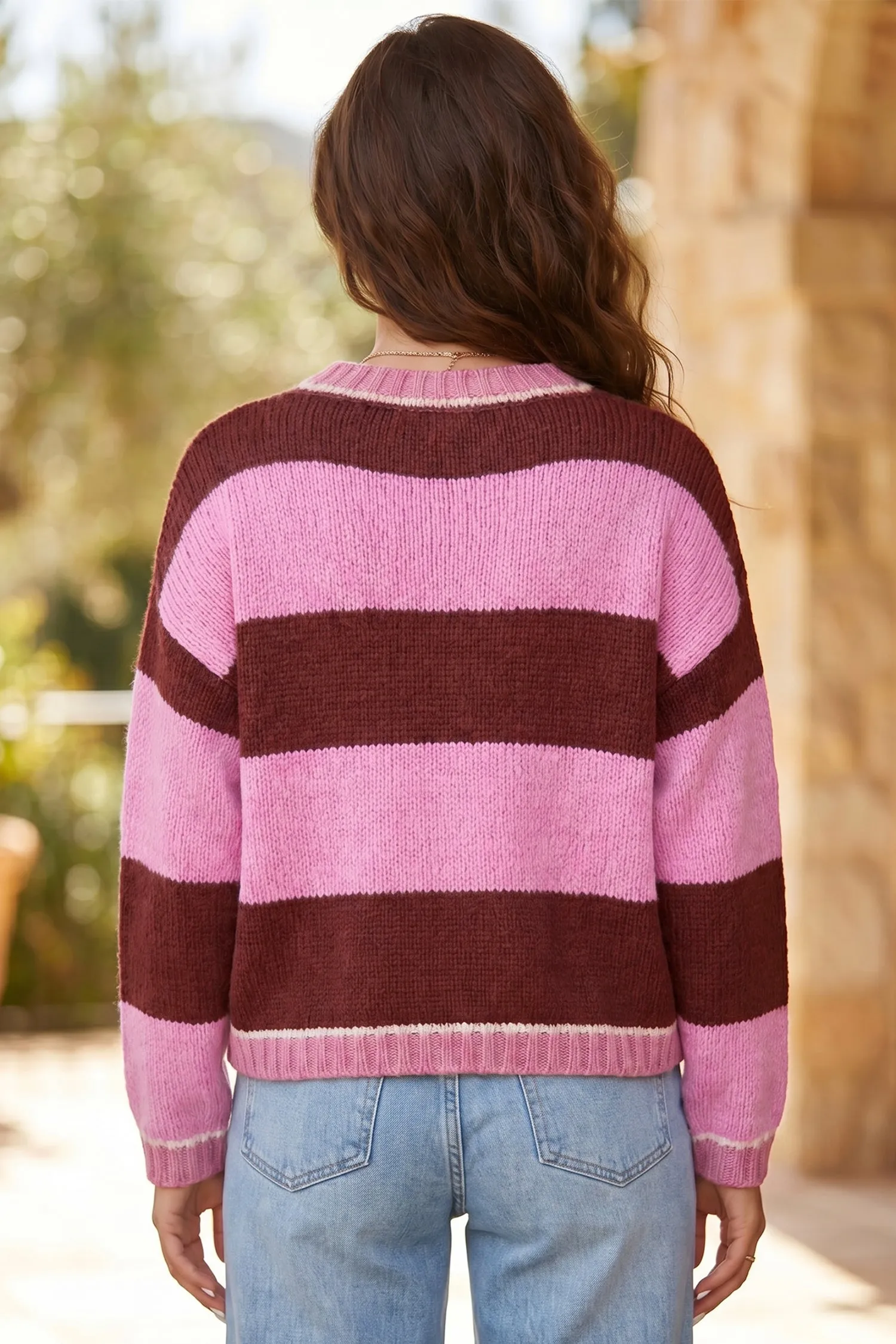 Striped Drop Shoulder Long Sleeve Pullover Regular Fit Knit Sweater – Pink Stripe sold by eAura product image thumbnail 4