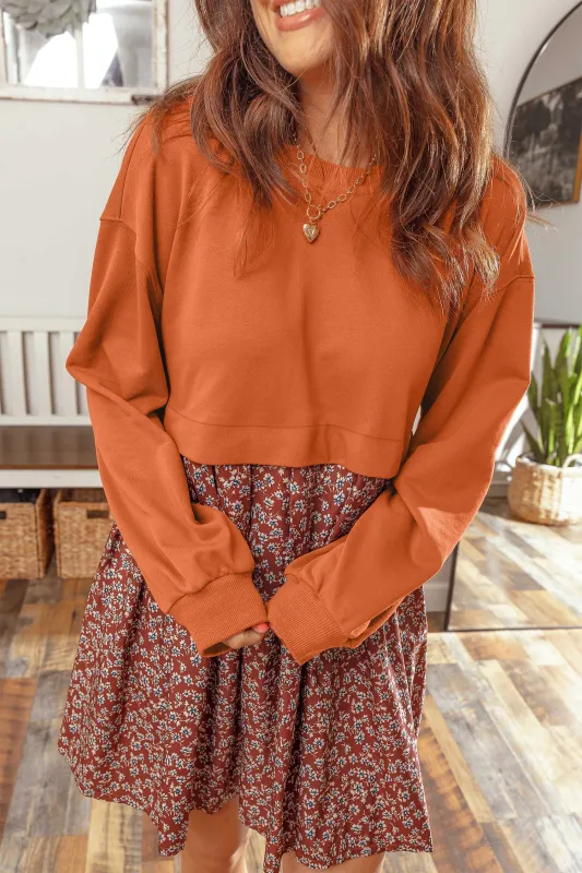 Solid Long Sleeve Top Patchwork Floral Flared 2-in-1 Mini Dress – Orange made by eAura