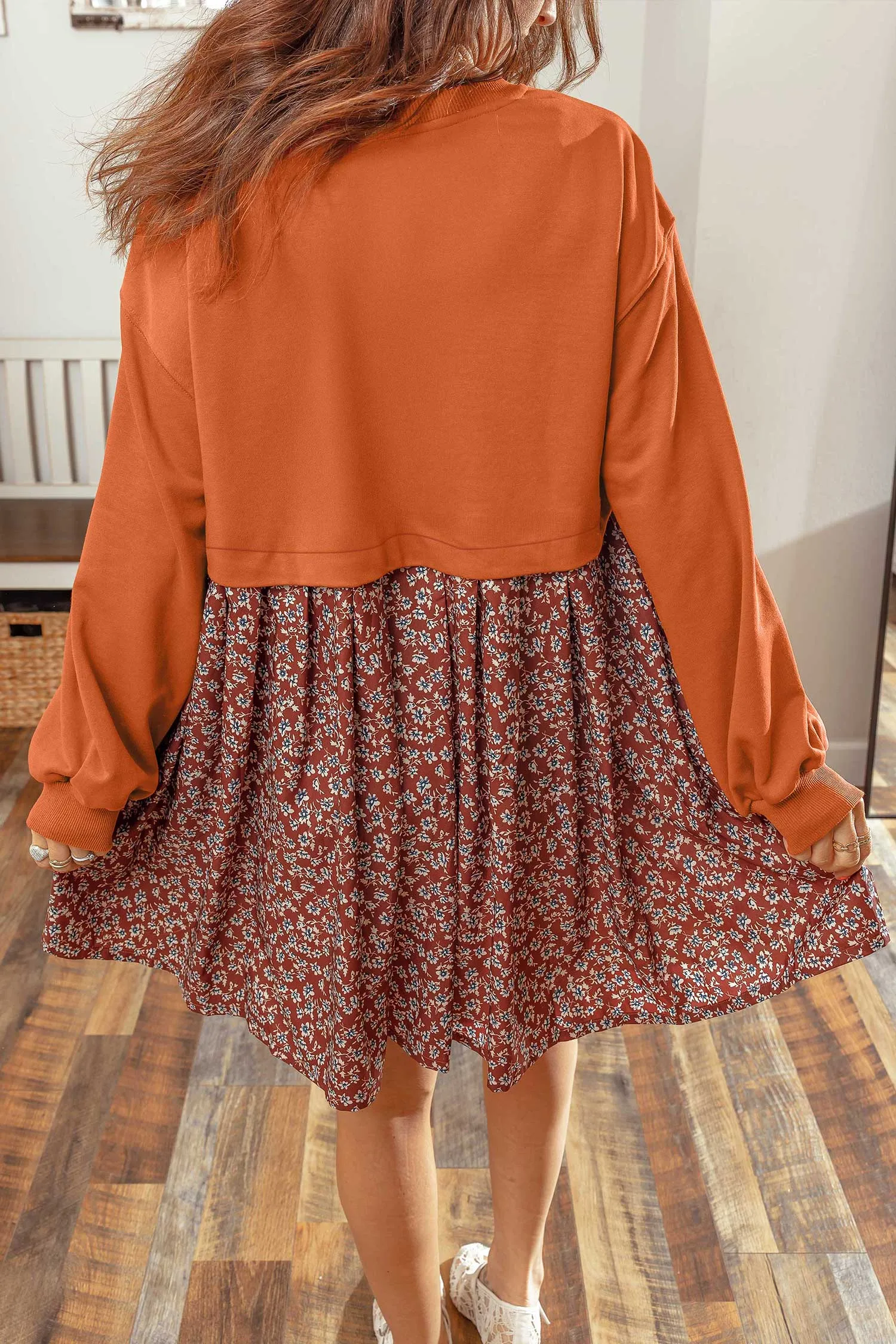 Solid Long Sleeve Top Patchwork Floral Flared 2-in-1 Mini Dress – Orange sold by eAura product image thumbnail 2
