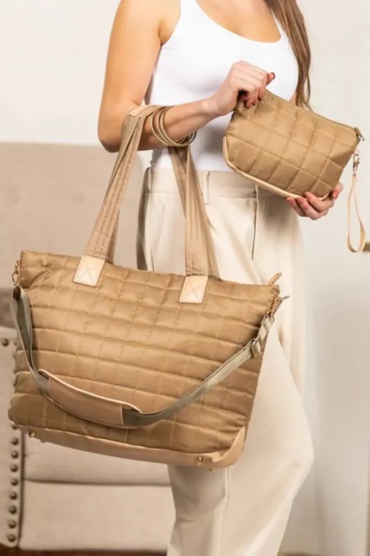 Camel Quiled Patchwork Large Tote Bag and Clutch 2pcs Set made by eAura