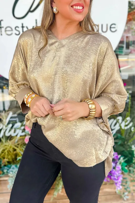 Parchment Metallic V Neck Button Cuffed Long Sleeve Dolman Blouse made by eAura