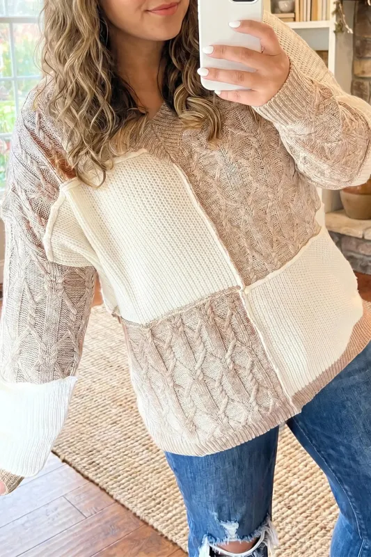 Parchment Colorblock V Neck Long Sleeve Tunic Loose Fit Plus Size Sweater made by eAura