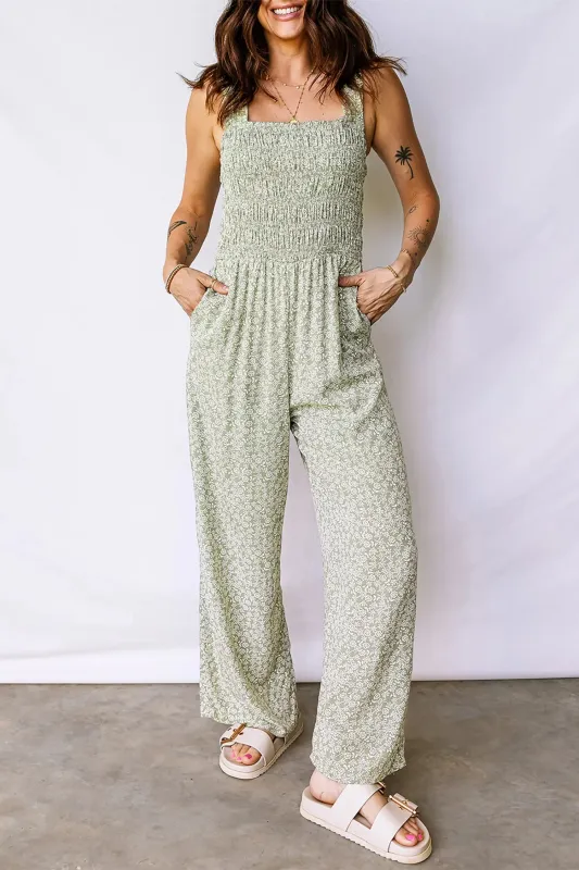 Smocked Bodice Square Neck Sleeveless Floral Jumpsuit – Green made by eAura