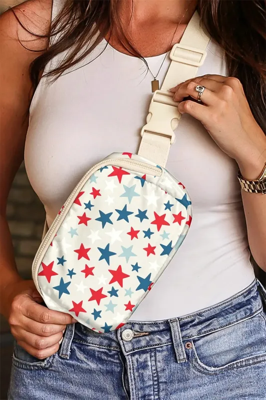 Star Printed Buckle Strap Flag Day Crossbody Bag – White made by eAura