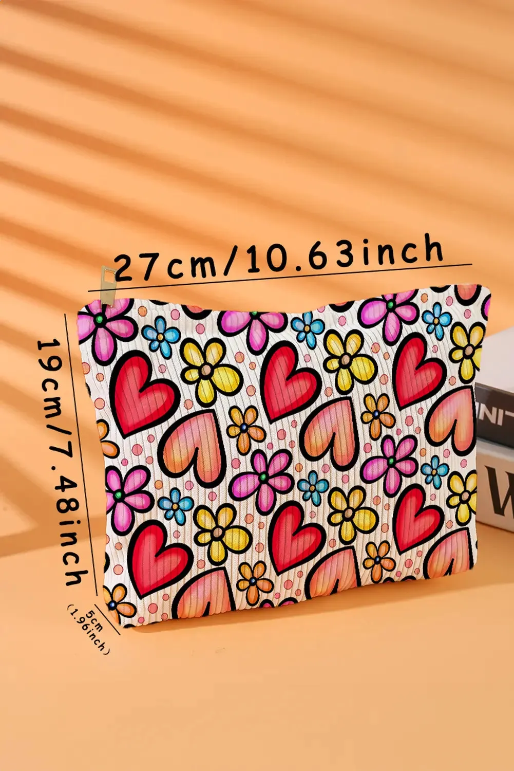 Heart Flower Print Ribbed Large Makeup Bag – Fiery Red sold by eAura product image thumbnail 5
