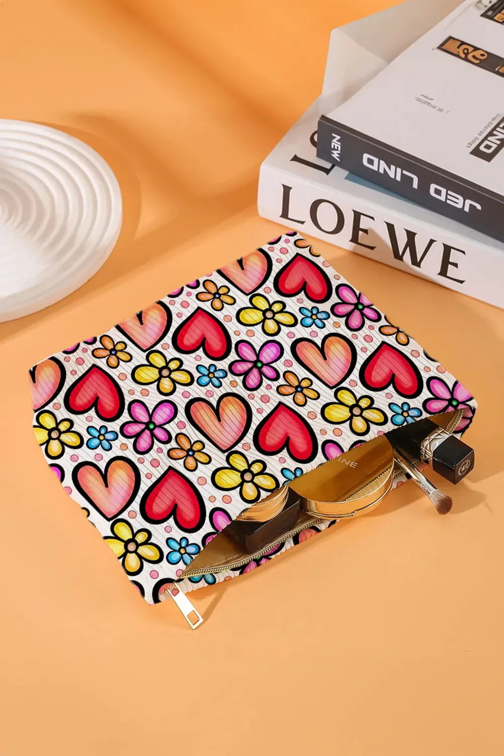 Heart Flower Print Ribbed Large Makeup Bag – Fiery Red sold by eAura product image thumbnail 3
