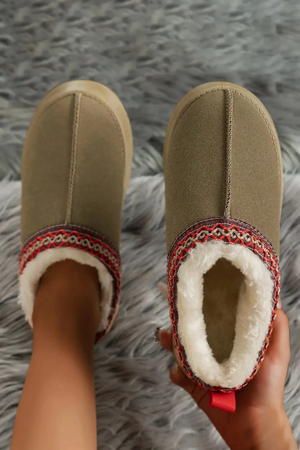 Faux Suede Embroidered Detail Plush Lined Platform Slippers – Chestnut sold by eAura product image thumbnail 5