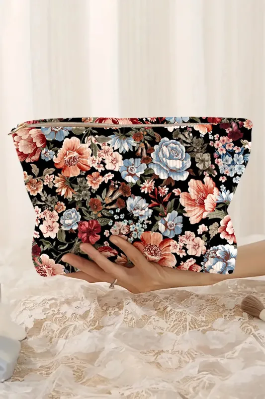 Flower Print Zipper Ribbed Ribbed Large Makeup Bag – Black made by eAura