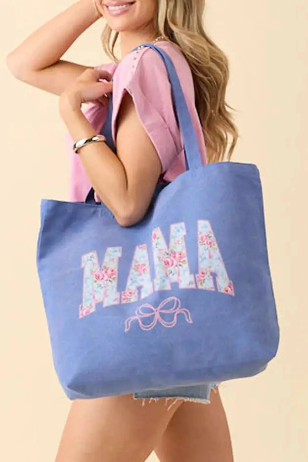 Floral MAMA Letter Bow Print Canvas Tote Bag – Blue sold by eAura product image thumbnail 3