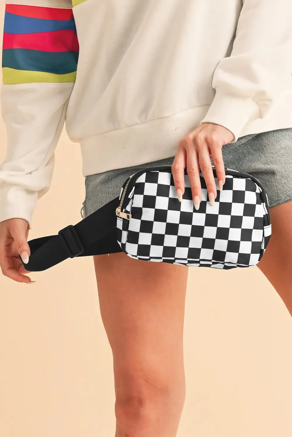 Checkered Print Buckle Wide Belt Crossbody Bag – White sold by eAura product image thumbnail 4