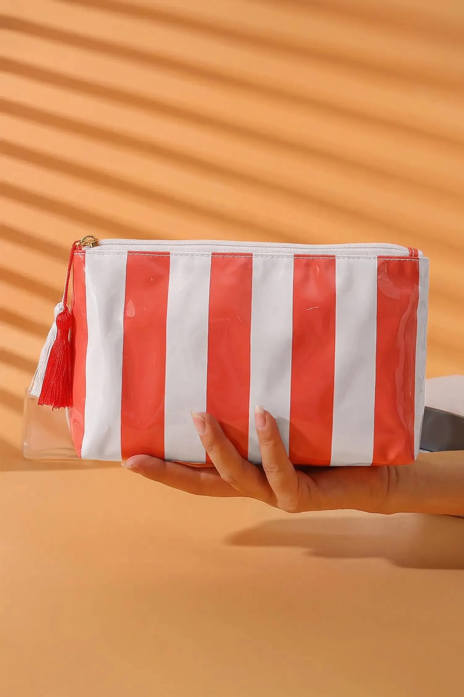Carrot Striped Vinyl Waterproof Tassel Zipper Makeup Bag – Orange sold by eAura product image thumbnail 2