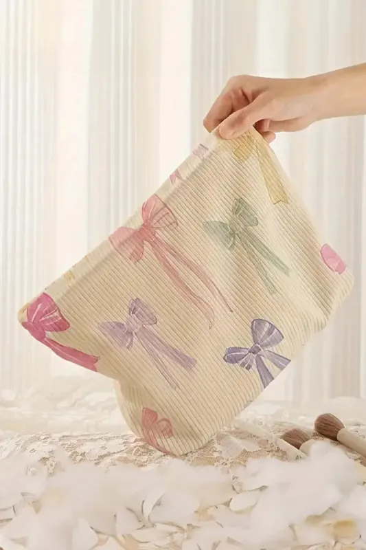 Bow Knot Print Zipper Ribbed Large Cosmetic Bag – Beige made by eAura