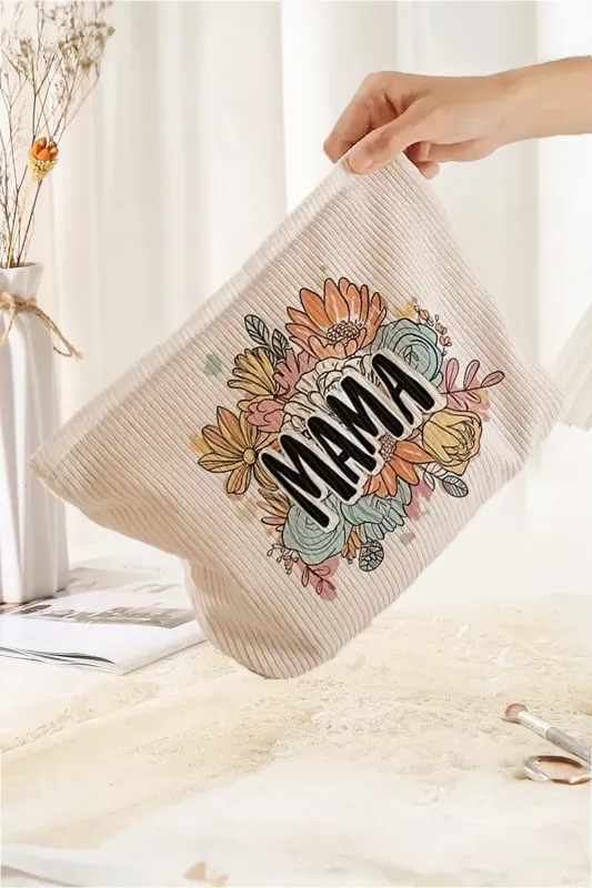 MAMA Flower Print Ribbed Large Cosmetic Bag – White made by eAura