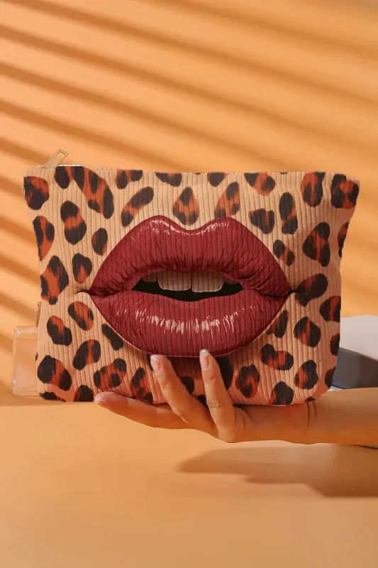 Leopard Lip Shape Print Canvas Functional Makeup Bag – Brown made by eAura
