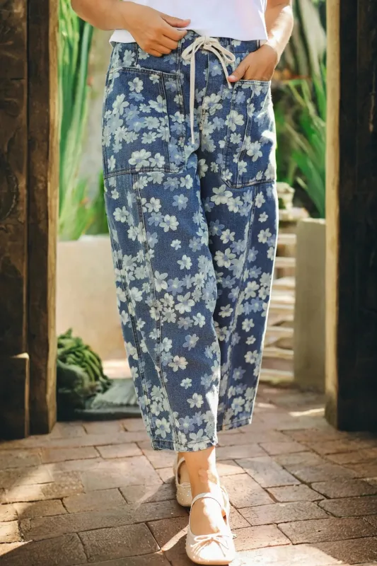 Dainty Floral Printed Drawstring Barrel Jeans – Sky Blue made by eAura