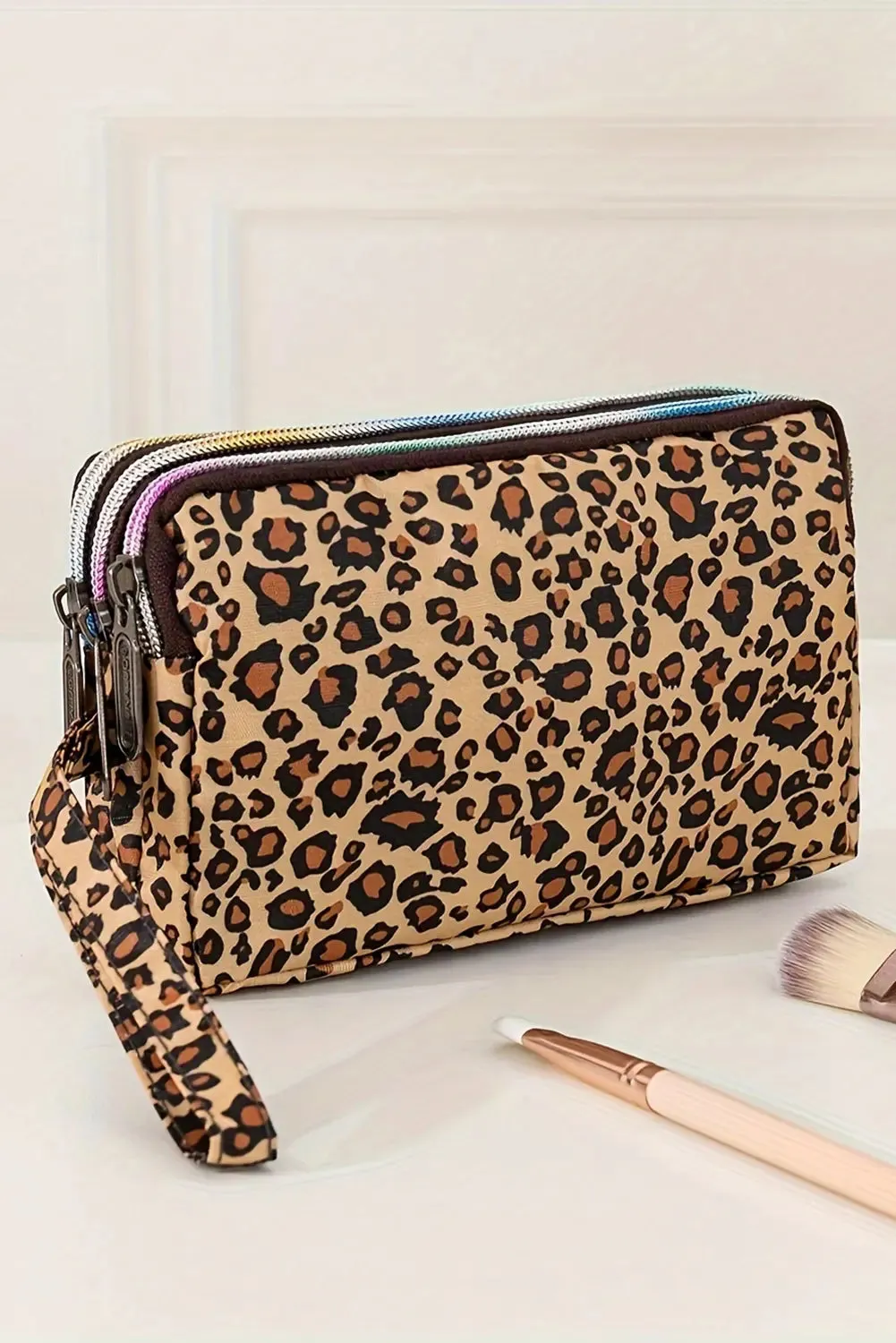 Leopard Print PU Leather Wristlet Zipper Makeup Bag sold by eAura