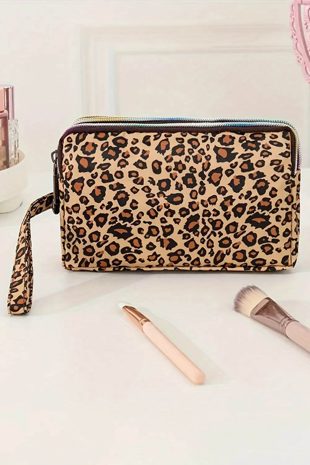 Leopard Print PU Leather Wristlet Zipper Makeup Bag sold by eAura product image thumbnail 4