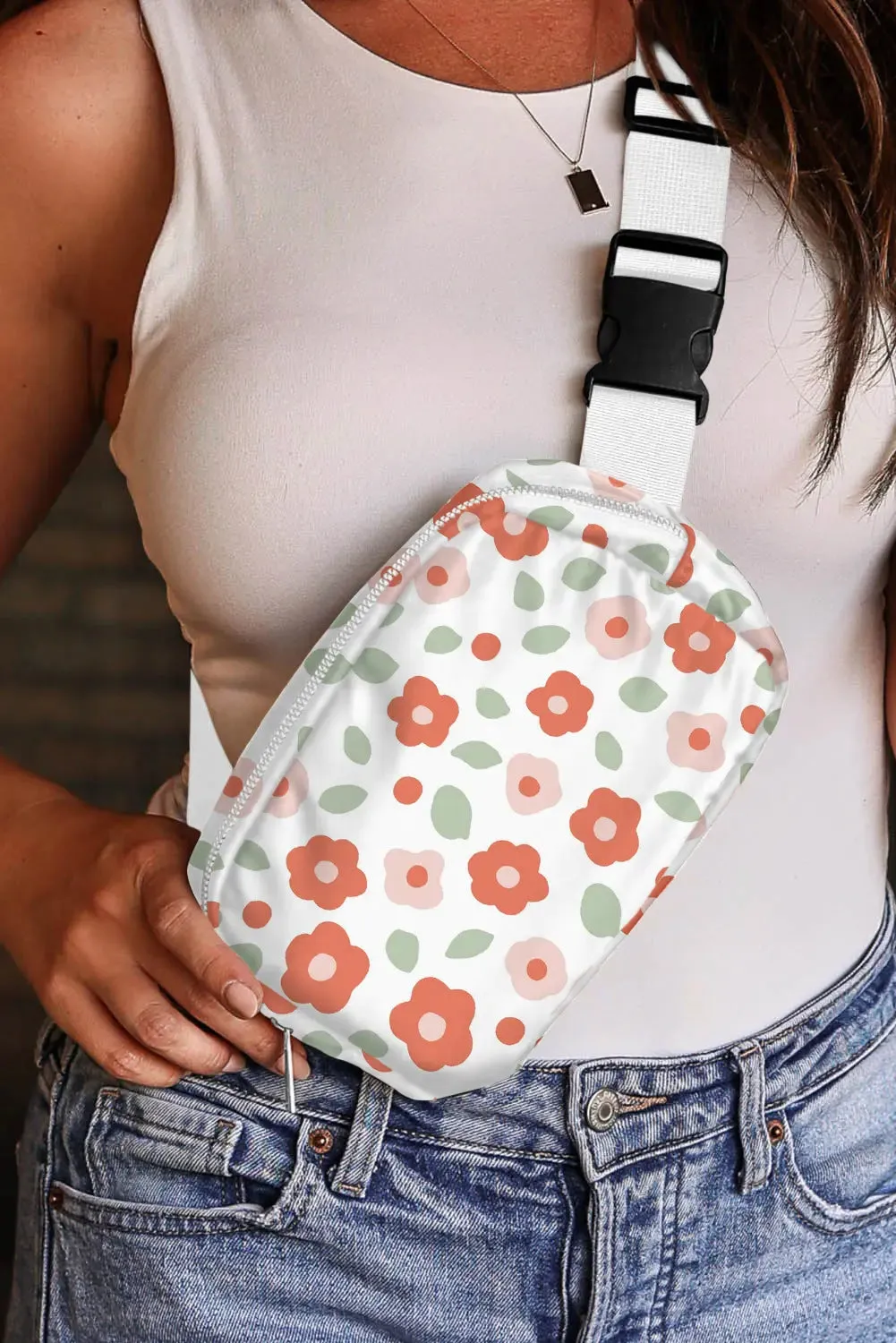 Floral Print Buckle Wide Belt Zipper Crossbody Bag sold by eAura