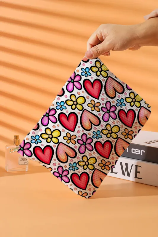 Heart Flower Print Ribbed Large Makeup Bag made by eAura