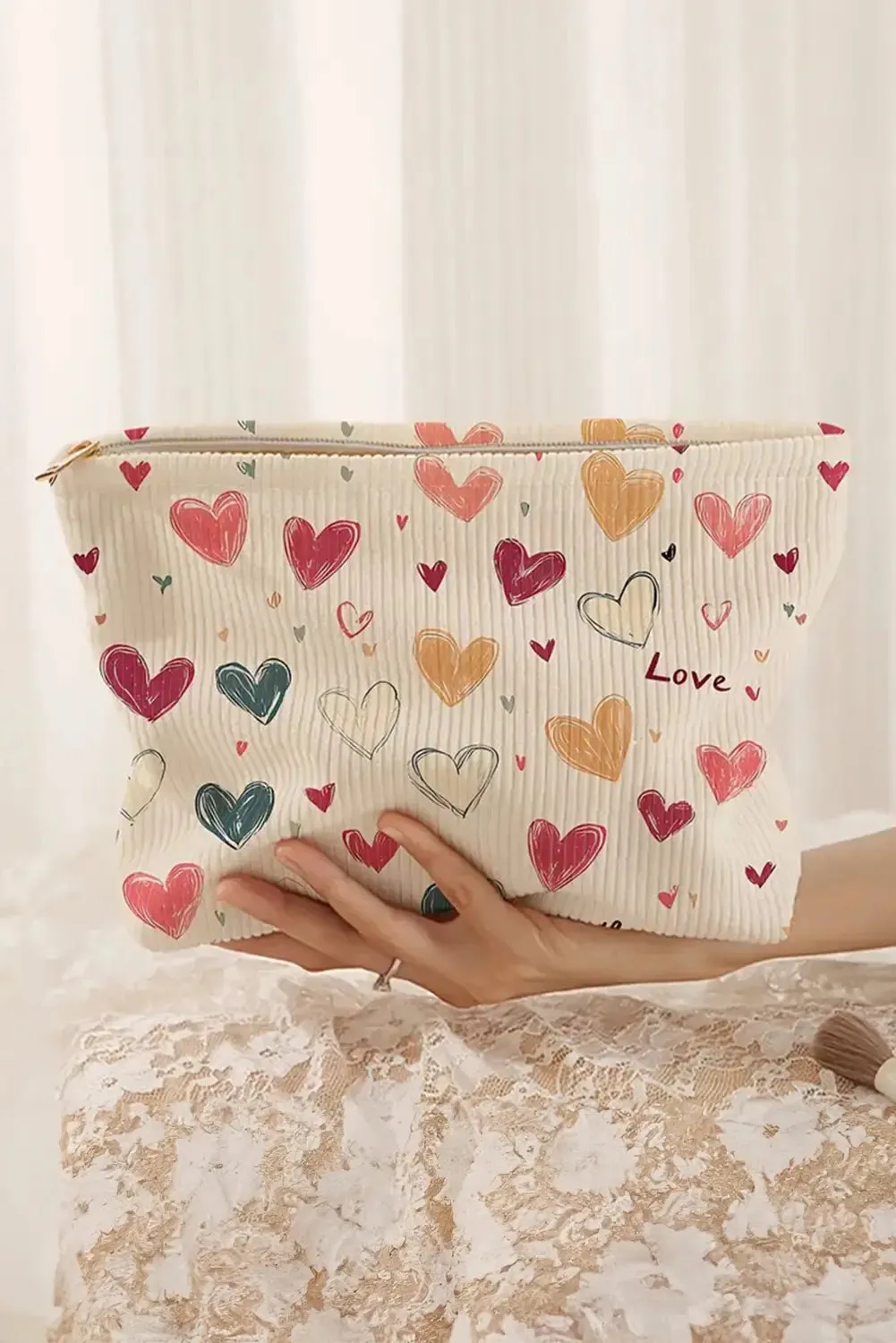 Love Heart Print Ribbed Canvas Makeup Bag sold by eAura product image thumbnail 2