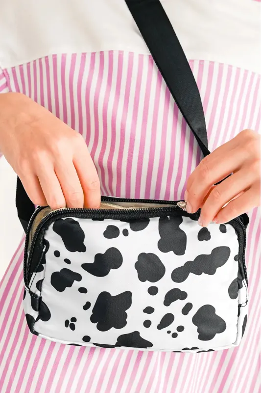 Cow Pattern Print Buckle Wide Belt Inclined Shoulder Bag made by eAura