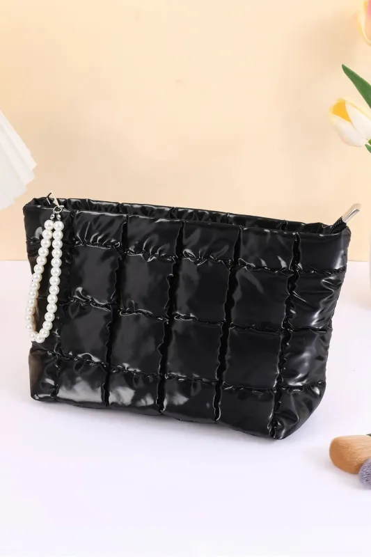 PU Leather Quilted Texture Pearl Chain Zip Makeup Bag – Colour Black made by eAura