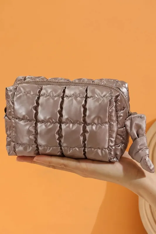 Coffee Solid Colour Quilted Nylon Makeup Bag made by eAura