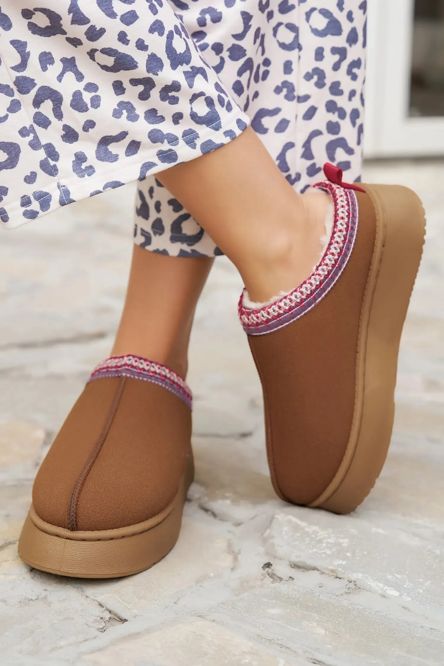 Faux Suede Embroidered Plush Lined Platform Slippers sold by eAura