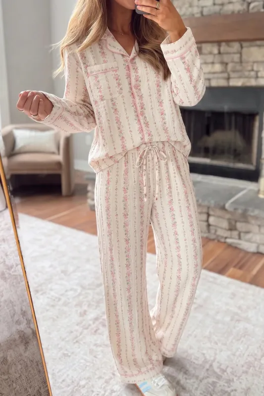 Floral Print Long Sleeve Button Front Shirt Pajama Pant Set made by eAura