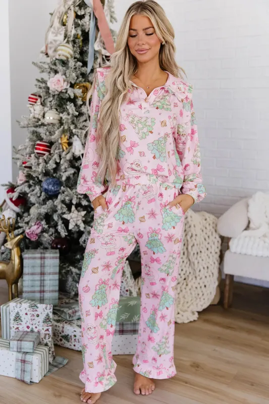 Christmas Print Button Front Long Sleeve Lounge Set made by eAura
