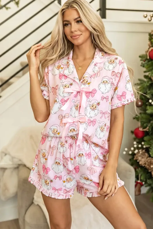 Santa Print Paneling Shift Silhouette Short Sleeve Lounge Set made by eAura
