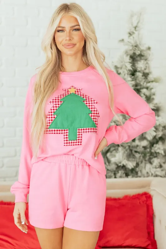 Plaid Contrasted Double Christmas Tree Patched Raglan Sleeve Pullover 2pcs Short Set made by eAura