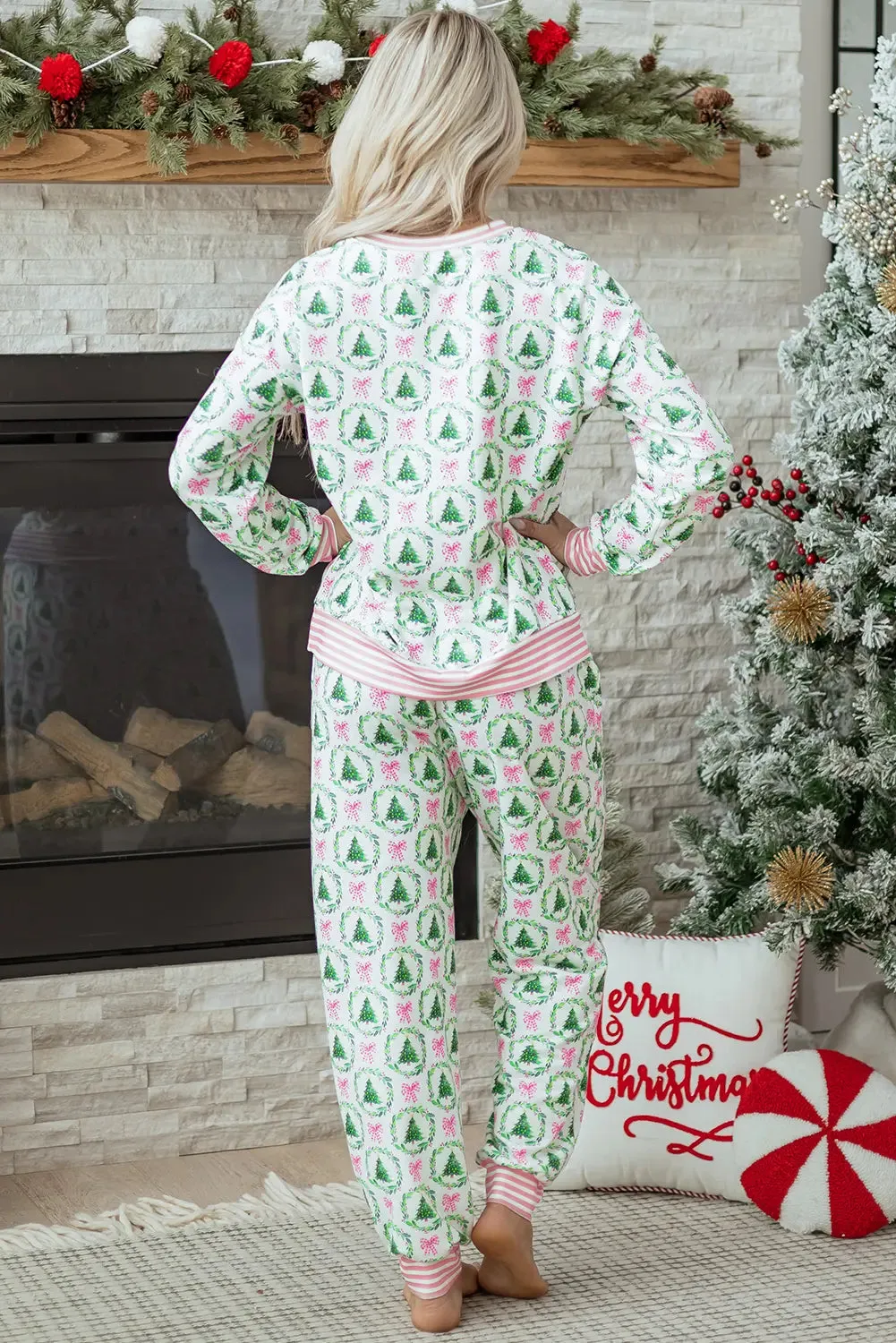 Bow Christmas Tree Print Contrast Striped Banding 2pcs Lounge Set sold by eAura product image thumbnail 2