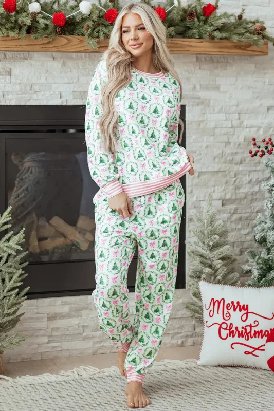 Bow Christmas Tree Print Contrast Striped Banding 2pcs Lounge Set made by eAura