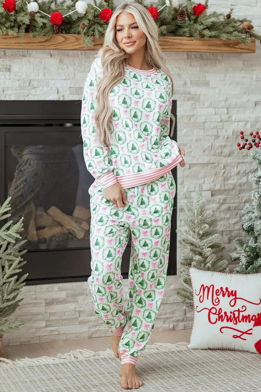 Bow Christmas Tree Print Contrast Striped Banding 2pcs Lounge Set sold by eAura
