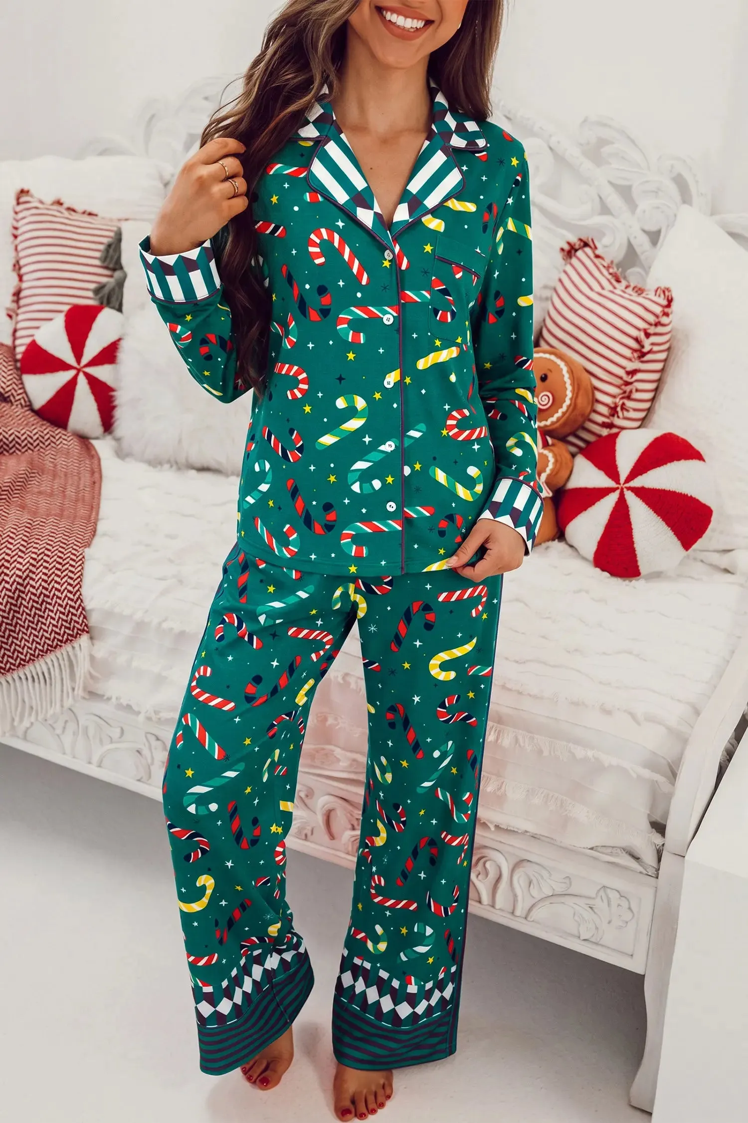 Abstract Candy Cane Print Long Sleeve Two Piece Lounge Set sold by eAura product image thumbnail 3