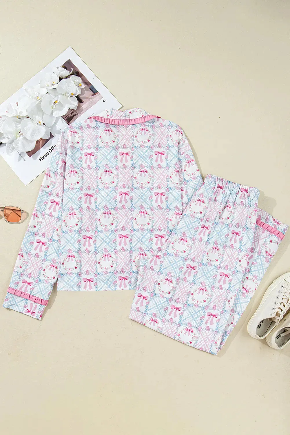 Bow Wreath Pattern Christmas Holiday Tied Front Long Sleeve 2pcs Pyjama Set sold by eAura product image thumbnail 4