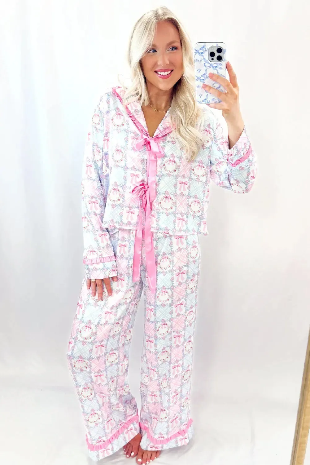Bow Wreath Pattern Christmas Holiday Tied Front Long Sleeve 2pcs Pyjama Set sold by eAura product image thumbnail 2