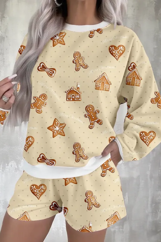 Gingerbread Man Christmas Print Long Sleeve Pullover Lounge Short Set made by eAura